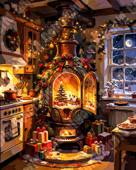 Cozy Christmas Kitchen With Decorated Stove(36-60+colors)Paint By Numbers
