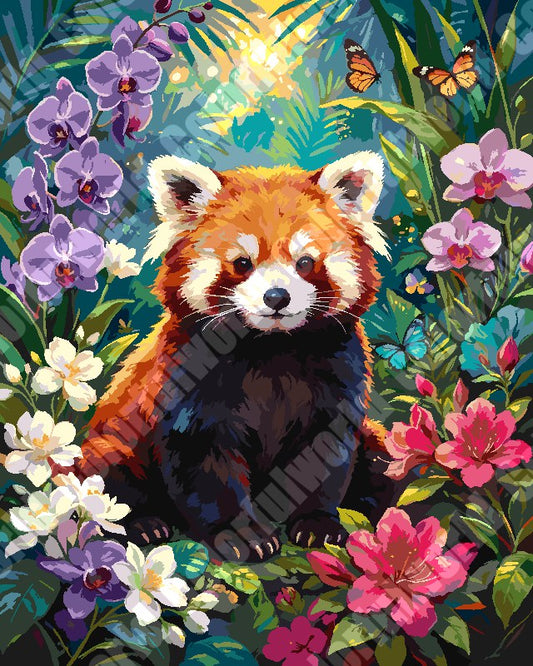 Cute Red Panda Sitting In Vibrant Wildflower Garden(36-60+colors)Paint By Numbers