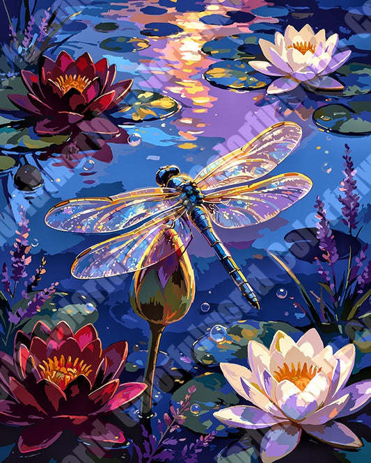 Dragonfly Over Lotus Pond At Dusk(36-60+colors)Paint By Numbers