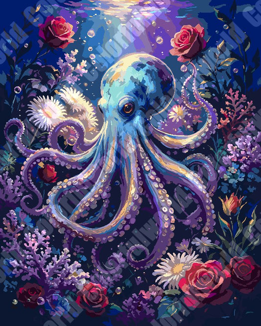 Glowing Blue Octopus In Mystic Floral Deep Sea(36-60+colors)Paint By Numbers