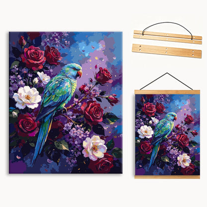 Blue Green Parrot In Garden Blooms（36-60+colors）Paint By Numbers