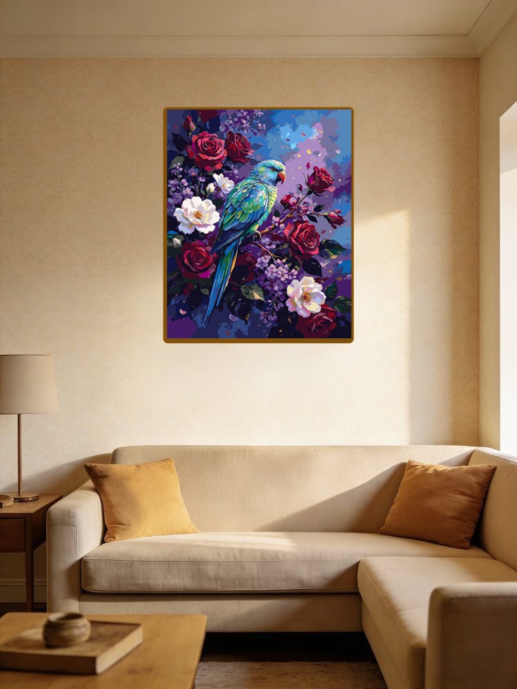 Blue Green Parrot In Garden Blooms（36-60+colors）Paint By Numbers