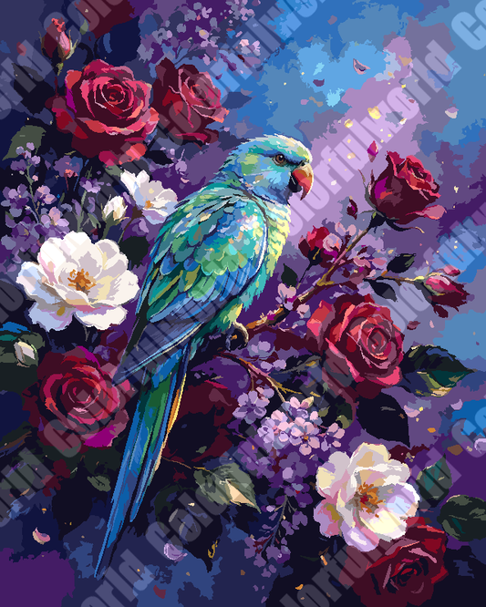 Blue Green Parrot In Garden Blooms（36-60+colors）Paint By Numbers