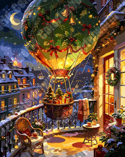 Christmas Hot Air Balloon Over Snowy Town（36-60+colors）Paint By Numbers