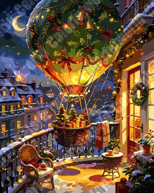 Christmas Hot Air Balloon Over Snowy Town（36-60+colors）Paint By Numbers