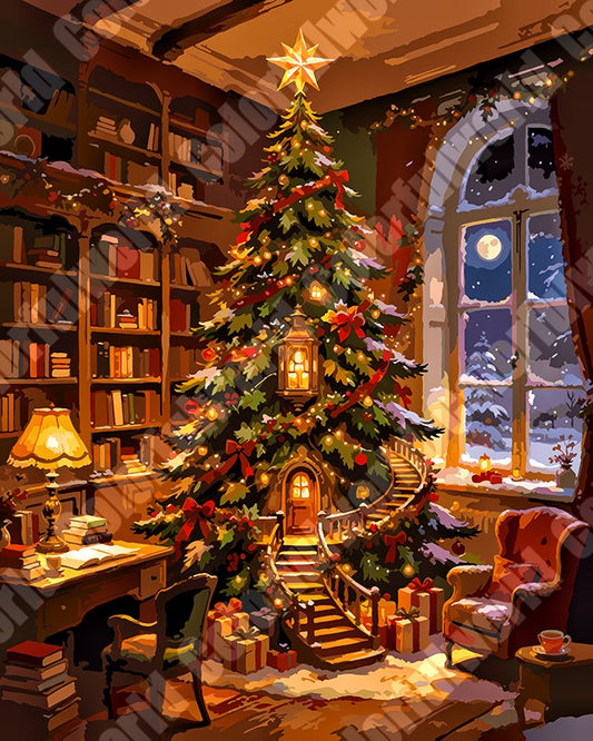 Christmas Tree In Vintage Library Room（36-60+colors）Paint By Numbers