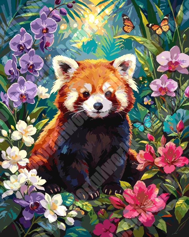 Cute Red Panda Sitting In Vibrant Wildflower Garden（36-60+colors）Paint By Numbers