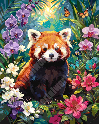 Cute Red Panda Sitting In Vibrant Wildflower Garden（36-60+colors）Paint By Numbers