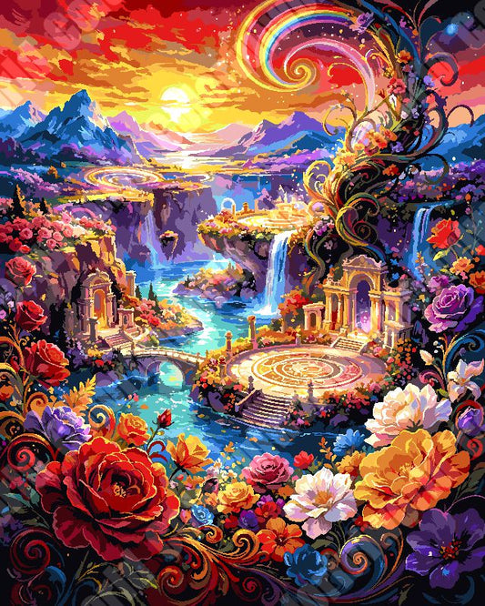 Fantasy Flower Valley Sunset Waterfall Castle （36-80+colors）Paint By Numbers