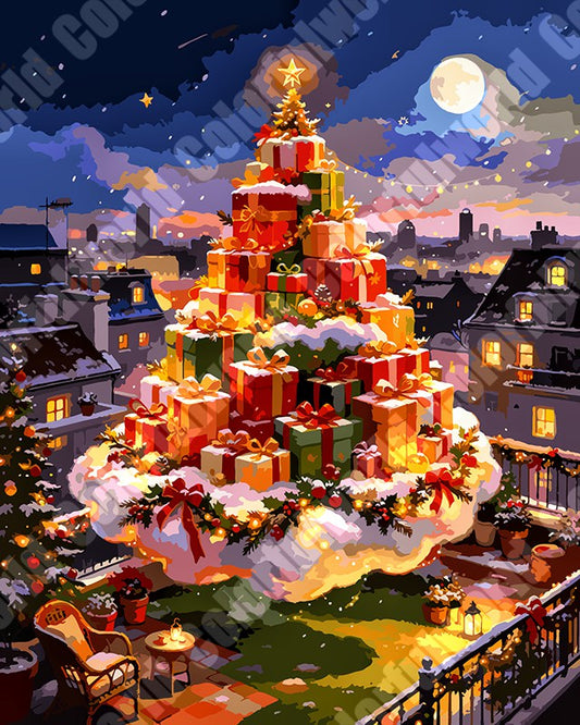 Giant Christmas Tree Over Snowy Town Under Full Moon（36-60+colors）Paint By Numbers