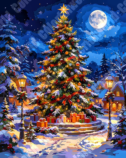 Giant Decorated Christmas Tree In Snowy Village（36-60+colors）Paint By Numbers