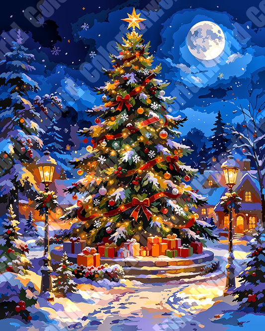 Giant Decorated Christmas Tree In Snowy Village（36-60+colors）Paint By Numbers