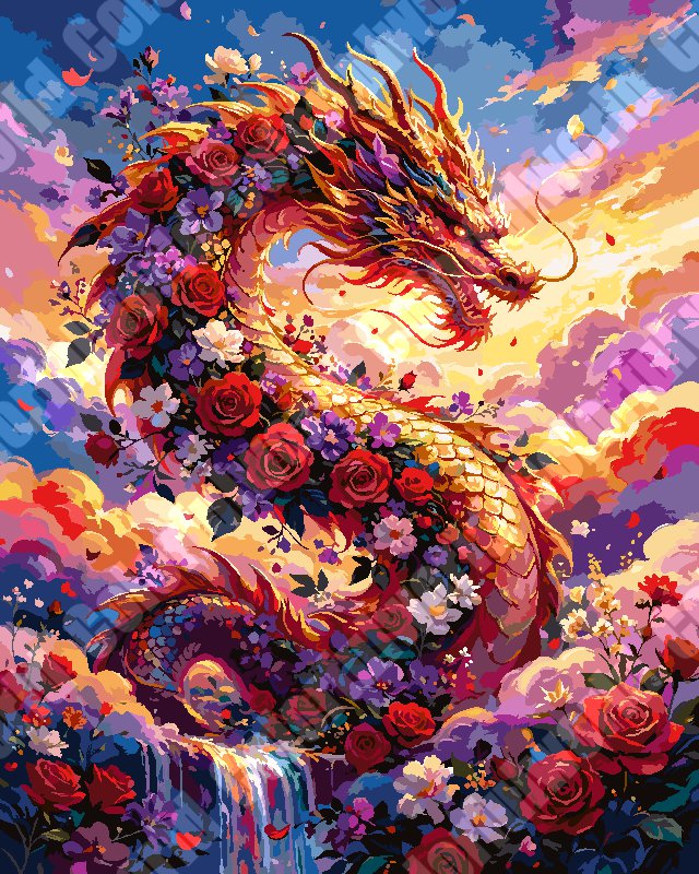 Golden Oriental Dragon In Rose Cloud Sunset（36-60+colors）Paint By Numbers