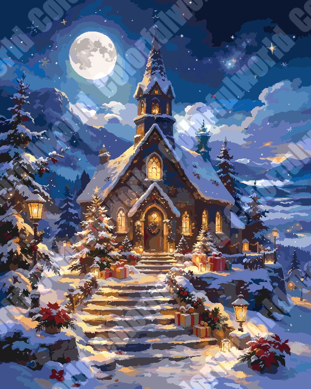 Snowy Mountain Church On Christmas Night（36-60+colors）Paint By Numbers