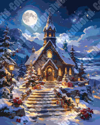 Snowy Mountain Church On Christmas Night（36-60+colors）Paint By Numbers