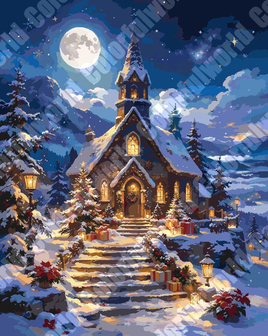 Snowy Mountain Church On Christmas Night（36-60+colors）Paint By Numbers