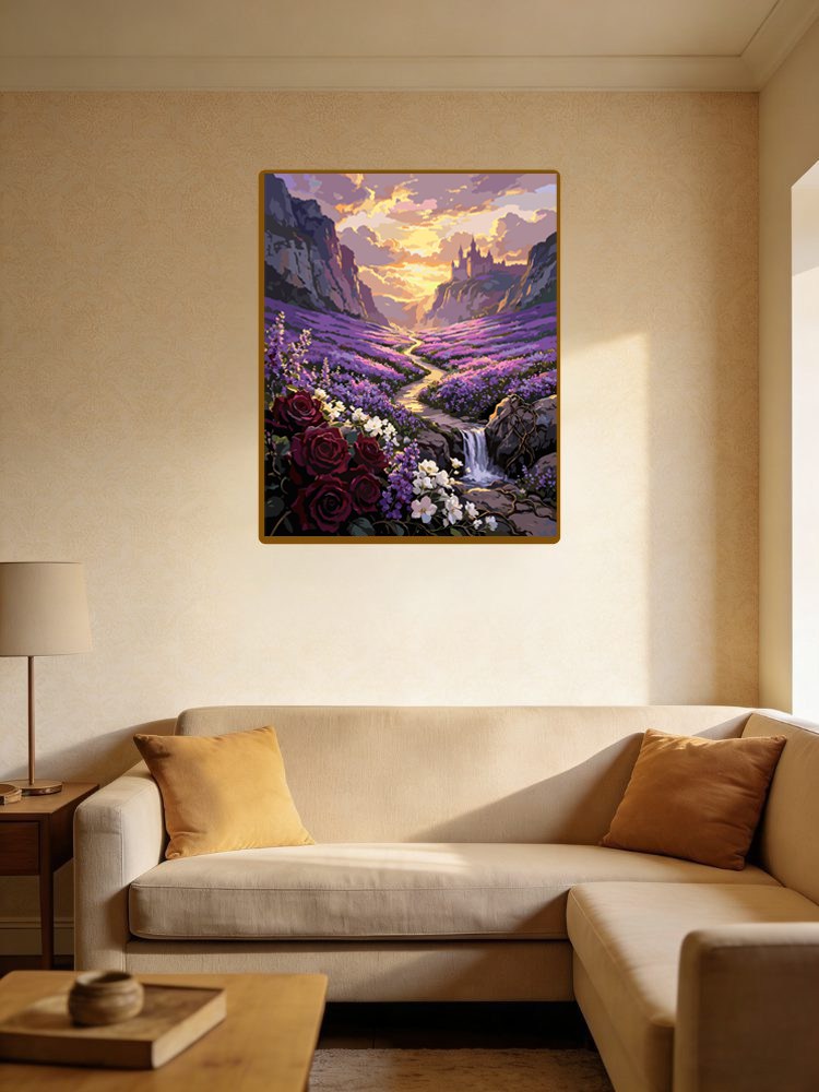 Sunset Lavender Valley With Castle And Waterfall（36-60+colors）Paint By Numbers