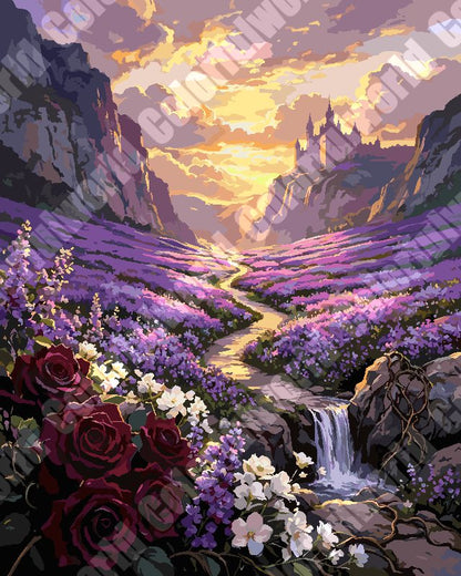 Sunset Lavender Valley With Castle And Waterfall（36-60+colors）Paint By Numbers