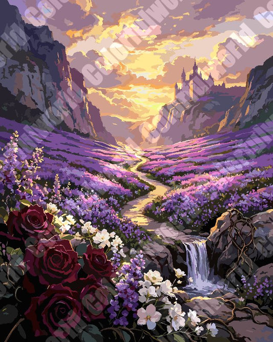Sunset Lavender Valley With Castle And Waterfall（36-60+colors）Paint By Numbers