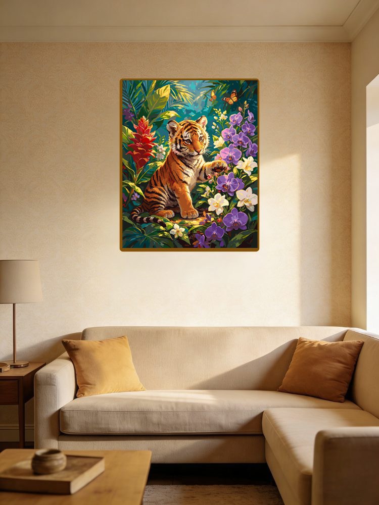 Tiger Cub In Tropical Flower Bush（36-60+colors）Paint By Numbers