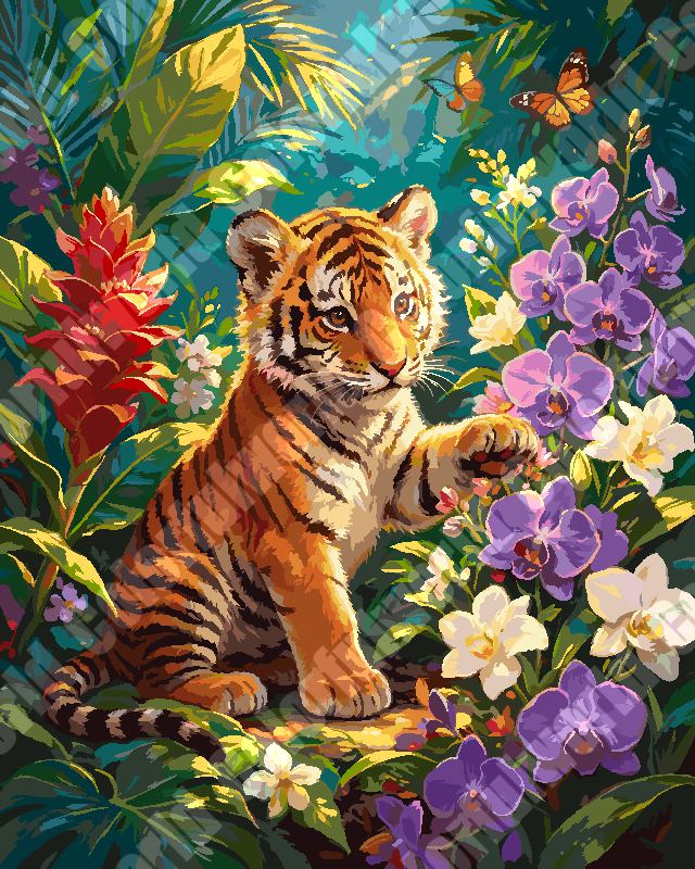 Tiger Cub In Tropical Flower Bush（36-60+colors）Paint By Numbers