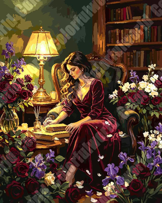 Vintage Lady Reading In Warm Lamp Library（36-60+colors）Paint By Numbers