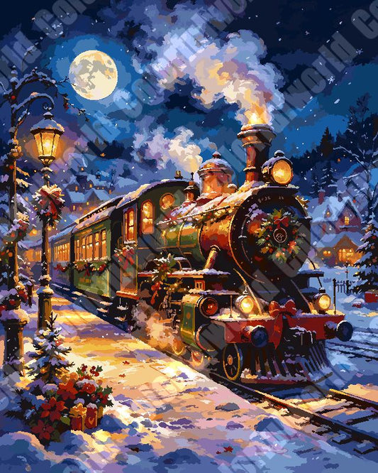Vintage Steam Train In Winter Snowy Night（36-60+colors）Paint By Numbers