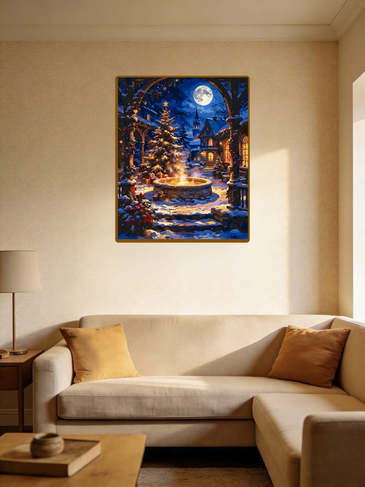 Warm Christmas Town Square With Glowing Fountain （36-60+colors）Paint By Numbers