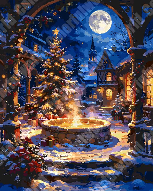Warm Christmas Town Square With Glowing Fountain （36-60+colors）Paint By Numbers