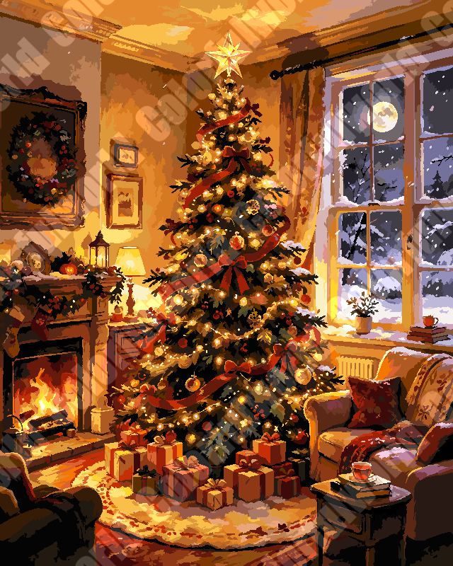Warm Living Room Christmas Tree By Window（36-60+colors）Paint By Numbers