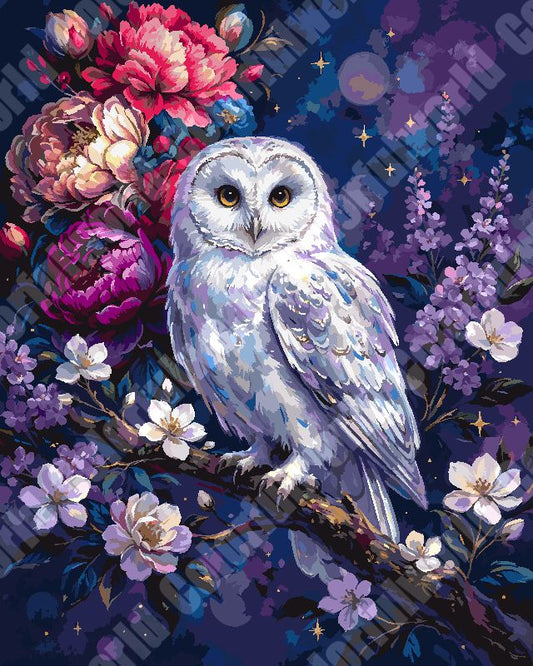 White Owl On Flower Branch（36-60+colors）Paint By Numbers